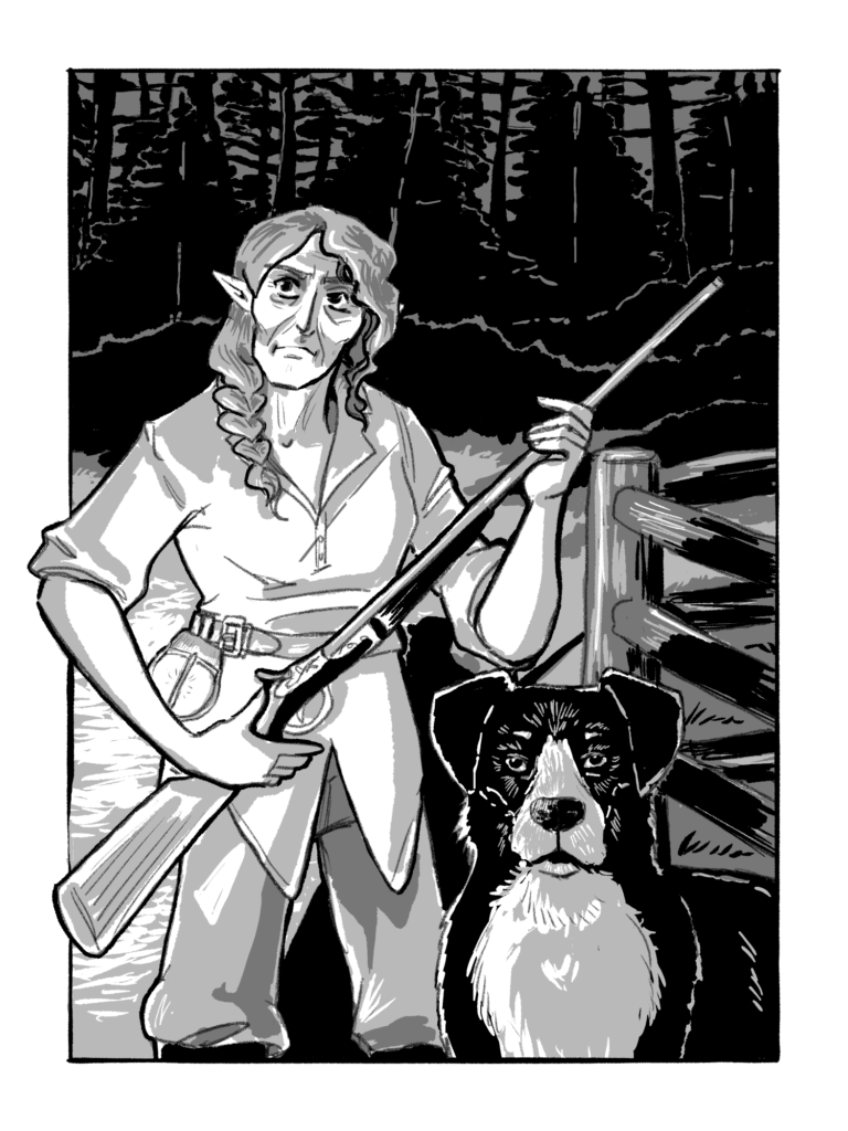 Genevieve, a woman with pointed ears and her hair in a loose braid stands with her dog Hugo, and her rifle ready. She wears a lantern on a belt that cinches her untucked work shirt at the waist. Their shadows stretch towards the silhouette of trees and a corner of fence behind them.