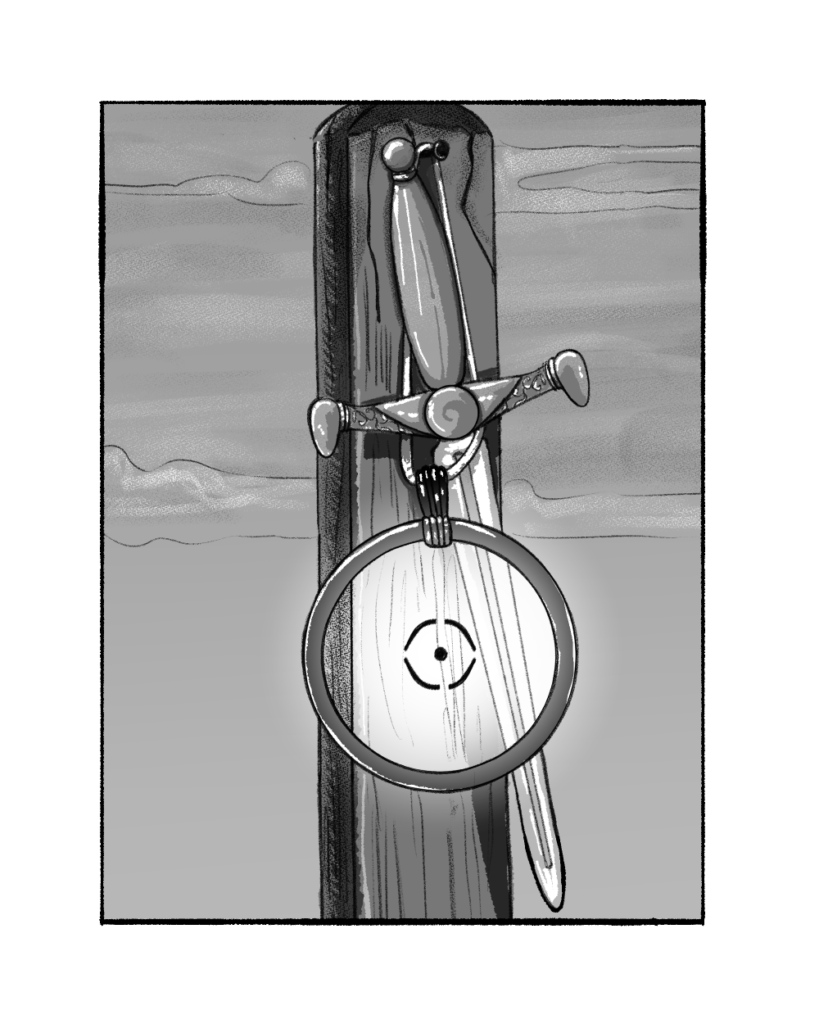 A framed piece of round glass marked with an eye-like symbol hangs from a nail stuck into the top of a post. A silver knife is laced into the charm’s cord.