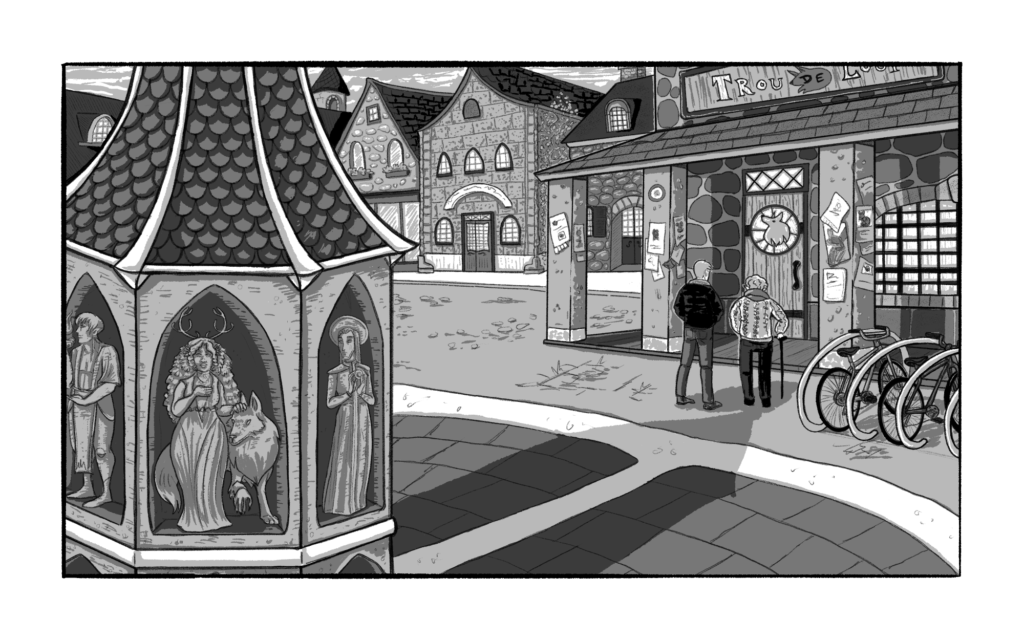 Blythe and Toto walk towards the Trou de Loup tavern, nestled in the town square. It sits directly across from a monument with a conical roof that houses alcoves with relief carvings of various gods, including Tepith with a wolf. Blythe and Toto’s bikes stand in a bike rack in front of the tavern.
