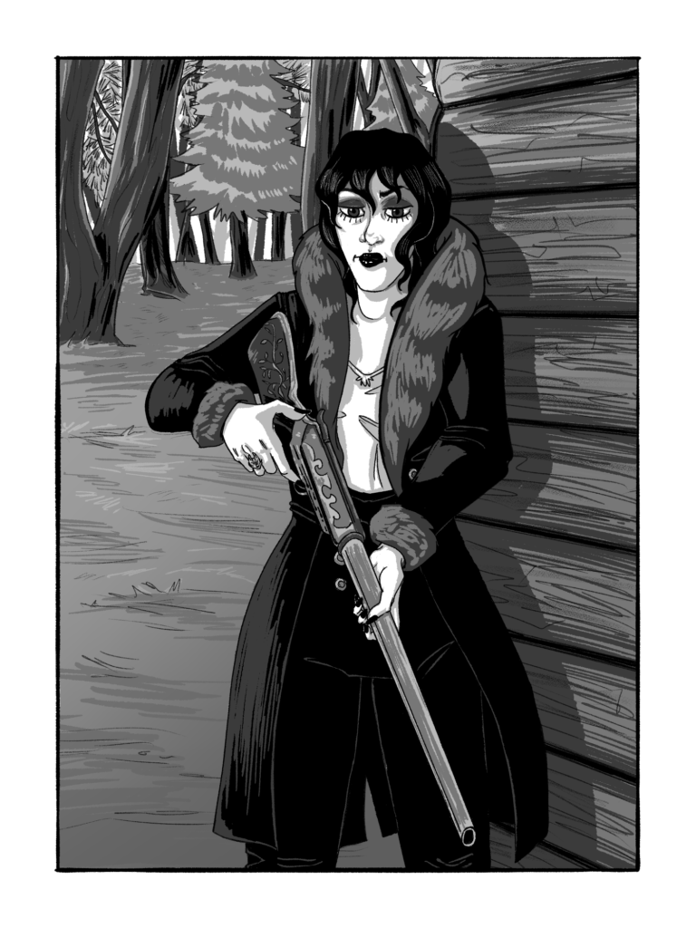 A dark haired woman in a long black coat with a large fur collar scowls and holds a rifle. She wears a large silver ring.