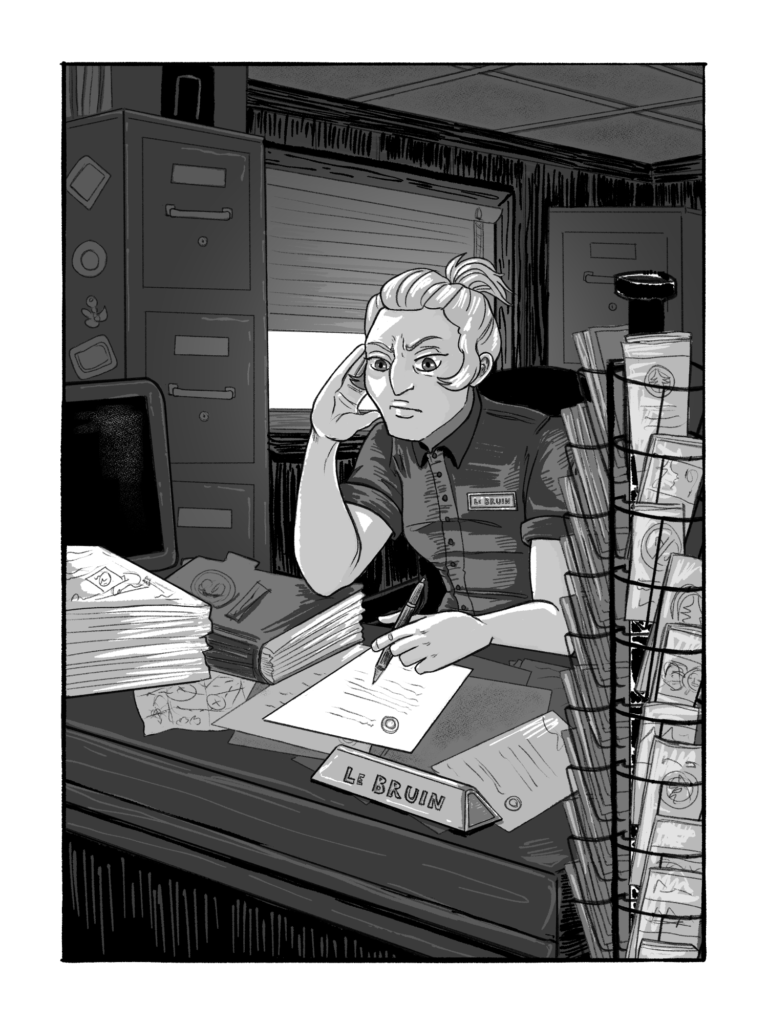 A blonde human woman with her hair pulled up into a short ponytail glowers at a pile of paperwork on her small desk.