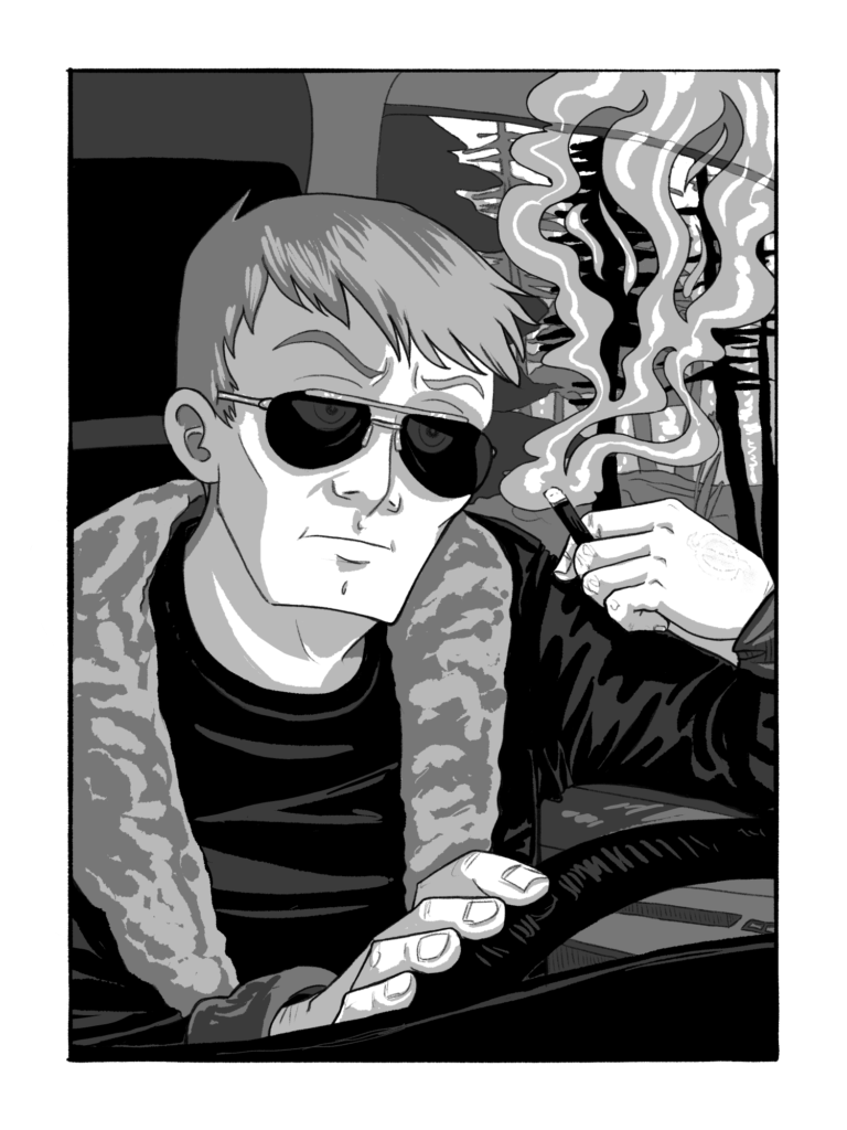 Blythe Bonfils sits in the driver seat, holding a lit cigarette. He wears sunglasses and a bomber jacket.