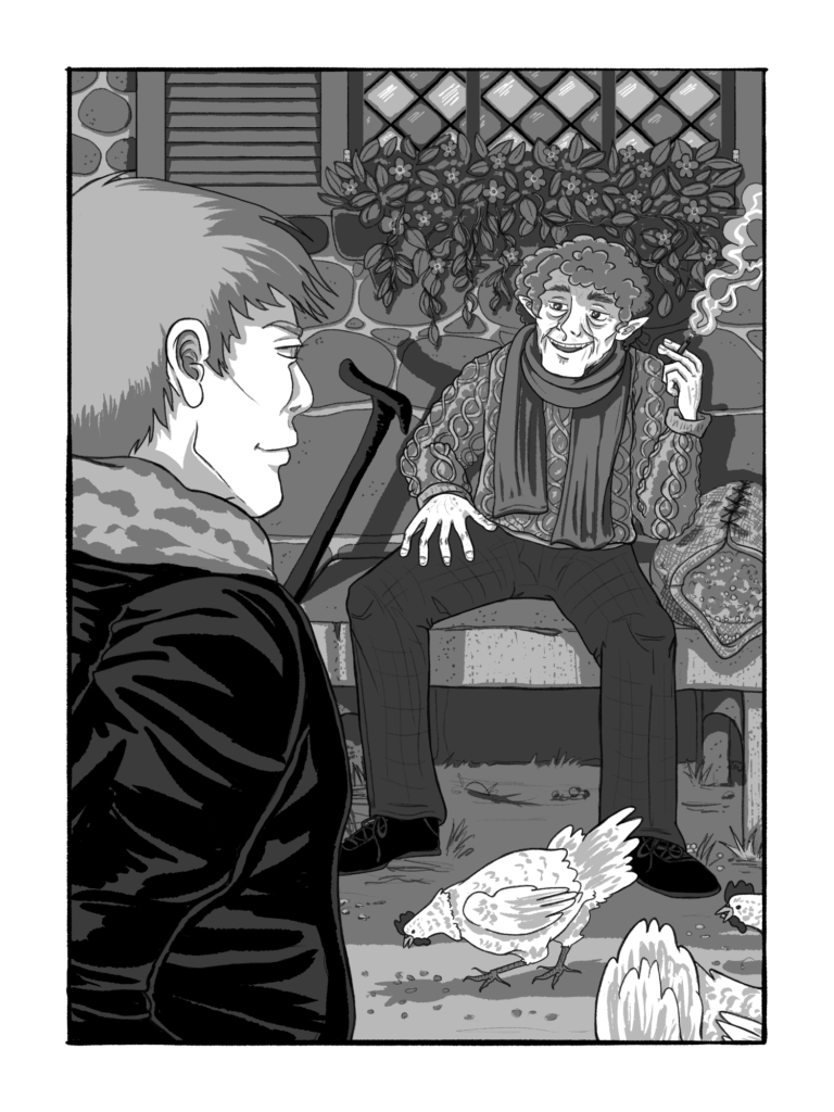 Blythe, in the foreground, smiles at Toto, who sits on a stone bench holding a lit cigarette. A cane leans against the wall behind Toto, and an open bag of feed on the bench next to him. Hens peck the ground at his feet. A trailing plant fills the window flower box behind him.